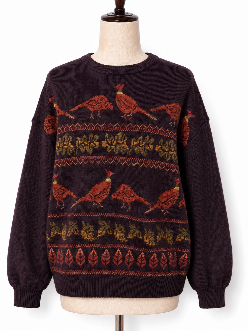Tulchan hand knit pheasant & leaf wool sweater. Animals, birds, nature. M/L